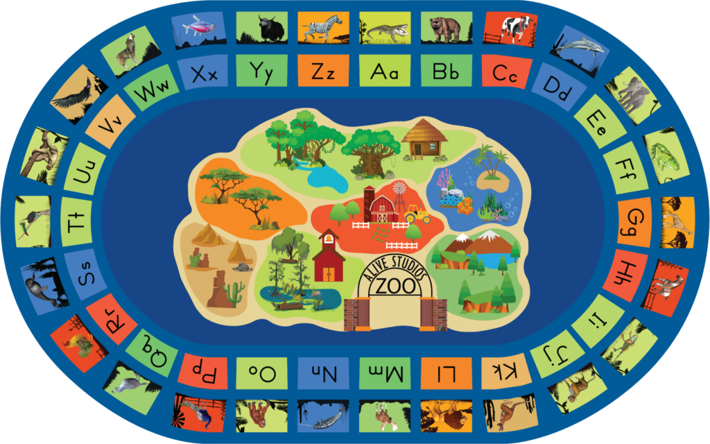 classroom rug with 3D zoo animals