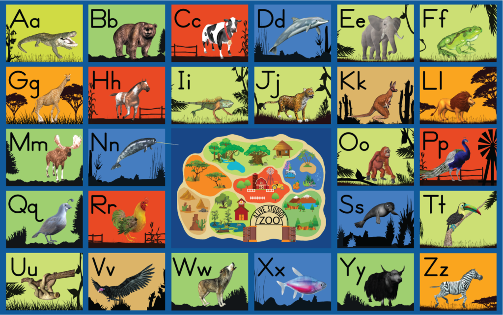 classroom rug with 3D zoo animals